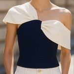Loose Asymmetric Contrast Color Pleated Split-Joint One-Shoulder Blouses&Shirts Tops