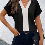 Loose Short Sleeves Contrast Color V-Neck T-Shirts Tops