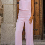 Modern and Elegant Solid Crop Tank and High Rise Flare Loose Pants Set