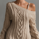 Women's Beige Cable Knit Off-the-Shoulder Fashion Mini Dress