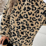 Leopard print plush half-zip stand collar top