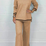 Solid Color V-neck Long-sleeved Loose Top and Elastic Waist Wide-leg Pants Set