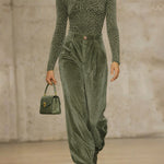 High Waisted Pleated Pockets Solid Color Velvet Pants Trousers
