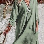 Green Roll-Tab Sleeve Notch Neck Boho Tunic Dress