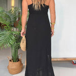 Juney Adjustable Chest Tie Front Ruffles Back Smocked Slit Maxi Dress