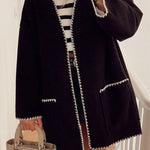 British Style Elegant Solid Pocket Contrast V Neck Outerwear