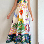 Feel Effortlessly Linen Blend Unique Print Smocked Back Midi Dress