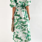 Elegant V-neck slim waist large swing skirt printed dress