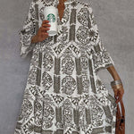Loose Three-Quarter Sleeves Falbala Printed V-Neck Midi Dresses