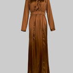 Long Sleeves Loose Pleated Shiny Solid Color Split-Joint Tied Waist High Neck Evening Dresses Maxi Dresses