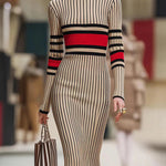 Long Sleeves Skinny Contrast Color Striped High Neck Midi Dresses Sweater Dresses