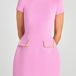 Sweet and Elegant Scent Pearl Trim Short Sleeve Pocketed Mini Dress