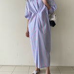 Long Sleeves Loose Buttoned Contrast Color Pockets Striped Lapel Midi Dresses Shirt Dress