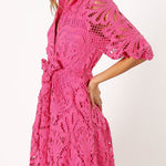 Solid Color Lace Cutout Balloon Sleeves and Waist Tie Mini Dress
