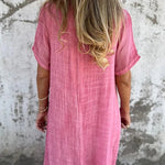 Bayside Bliss Linen Blend Short Sleeve Pleated Loose Midi Dress