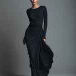 Women's Black Elegant Jersey Knit Ruched Maxi Dress