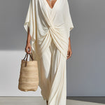 Women's Ivory Pleated Chiffon Set With Deep V-Neck & Twist-Front Detail, Timeless Luxe-Effortless Style Set
