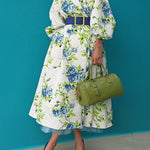 Batwing Sleeves Loose Pleated Printed Tied Waist Lapel Midi Dresses Shirt Dress