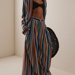 Loose Wide Leg Pleated Split-Joint Striped Pants Trousers