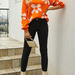 Floral Print Color Block Pullover Long Sleeve Sweater