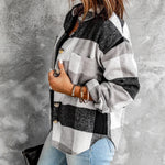 Grey Plaid Color Block Pockets Buttoned Shacket
