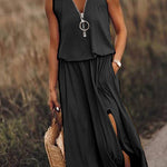 Sleeveless long dress casual women's waist zipper letter dress