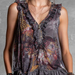 Boho Vintage Floral & Leopard Print Ruffle Chiffon Sleeveless Top