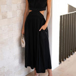 Cap Sleeve Belly-Hollow Pleated Solid Color Stand Collar Maxi Dresses