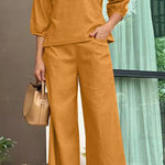 Loose solid color long sleeved top wide leg pants set