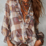 Bohemian Plaid Floral Chiffon Print Blouse With Ruffles
