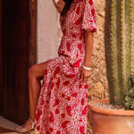 Red Paisley Print Side Slit Puff Sleeve High Waist Maxi Dress