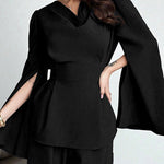 Long Sleeves Solid Color Split-Joint Tied Waist V-Neck Blouses&Shirts Tops
