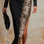 Elegant And Sparkling Sequined Black Stretch Cotton Party Maxi Dress