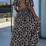 Khaki Leopard V Neck Cinched High Waist Open Back Maxi Dress