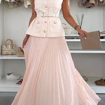 Relaxed and Elegant Round Neck Button Up Belted Pocket Loose Vest