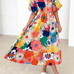 A-Line High Waisted Flower Print Pleated Split-Joint Zipper V-Neck Maxi Dresses