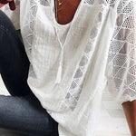Cotton Linen Blend Patchwork Hollow Out Tassel Blouse