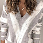 V Neck Stripe Color Block Loose Oversized Pullover Sweater