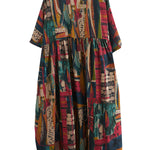 Vintage Loose Abstract Printed Pleated Round-Neck Half Sleeves Midi Dress