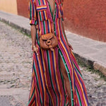 Long Sleeves Loose Split-Joint Striped Lapel Maxi Dresses Shirt Dress