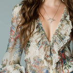 Vintage Ruffles Sleeves Floral Chiffon Blouse With Lace Trim