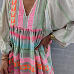 Pink Greek Key and Orange Chain Striped Print Midi Dress
