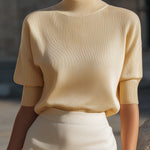 Ribbed Mock-Neck Short-Sleeve Knit Top