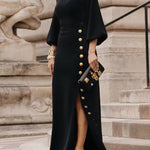 Loose Puff Sleeves Buttoned Split-side Mock Neck Maxi Dresses