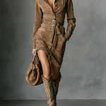 Women's Fashion Suede Single Breasted Lapel Long Sleeve Midi Dress