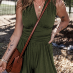 Moss Green Sleeveless V Neck Ruched Wide Leg Jumpsuit