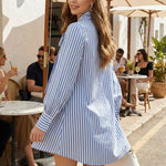 Balloon Sleeves Long Sleeves Buttoned Striped Bow Collar Blouses