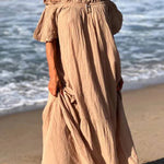 Linen Blend Ruffle Off Shoulder Puff Sleeve A-line Maxi Dress