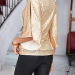 Solid Color Sequined V-neck Hollow Sleeve Slim Fit Top