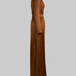 Long Sleeves Loose Pleated Shiny Solid Color Split-Joint Tied Waist High Neck Evening Dresses Maxi Dresses